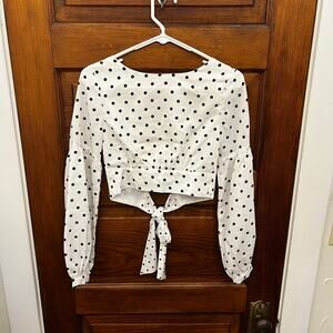 NWT superdown Polka Dot Long Sleeve Tie Back Blouse White Black Spot Print XS